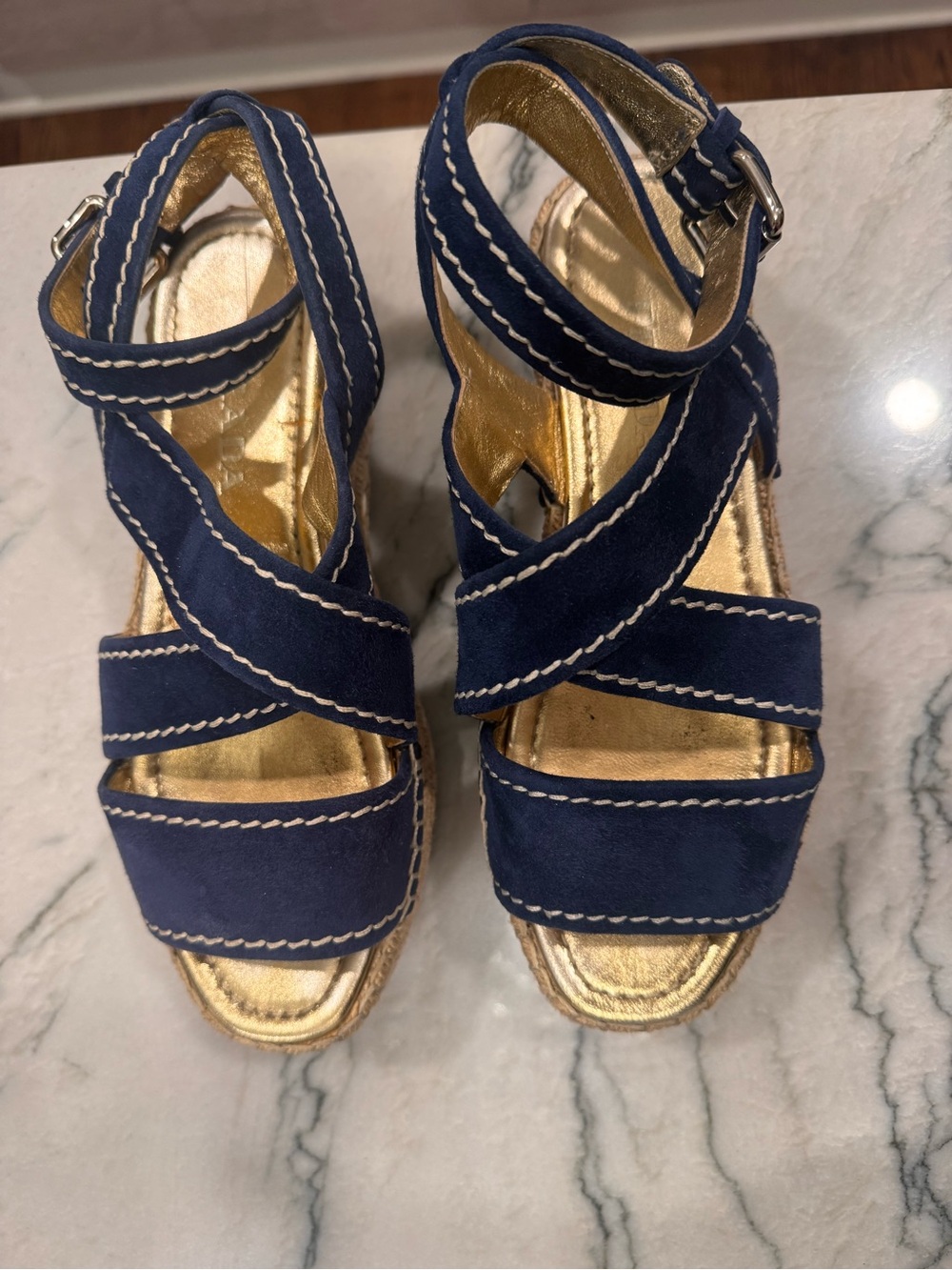 Navy Suede Strappy Wedge Sandals with Gold Footbed